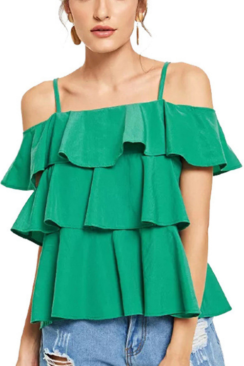 emerald green ruffle blouse