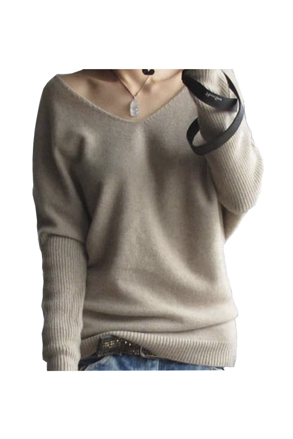 

Women's Loose Batwing Sleeve Big V-Neck Pullover Cashmere Wool Sweater, Khaki