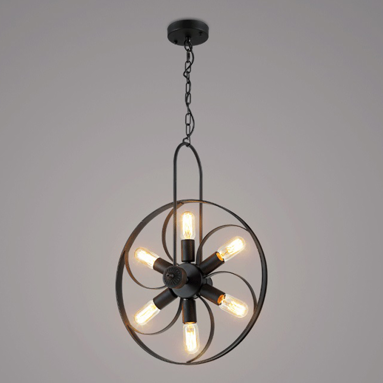 

Wrought Iron Matte Black 6 Light Pendant Light with Wheel Shape