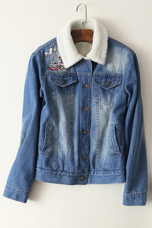 

Women's Contrast Lapel Long Sleeve Embroidery Pattern Single Breasted, Blue