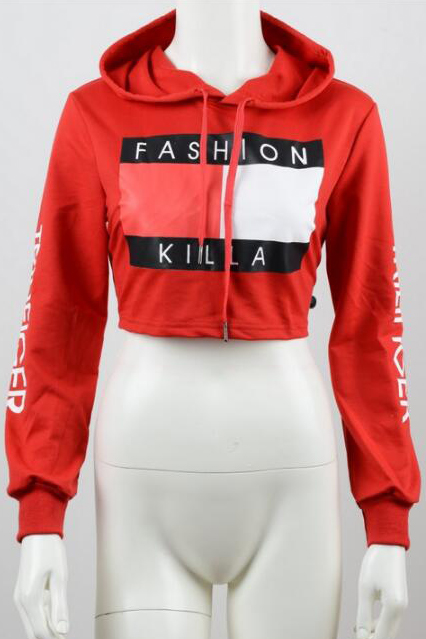 

Fashion Drawstring Hooded Letter Printed Long Sleeve Cropped Hoodie, Red