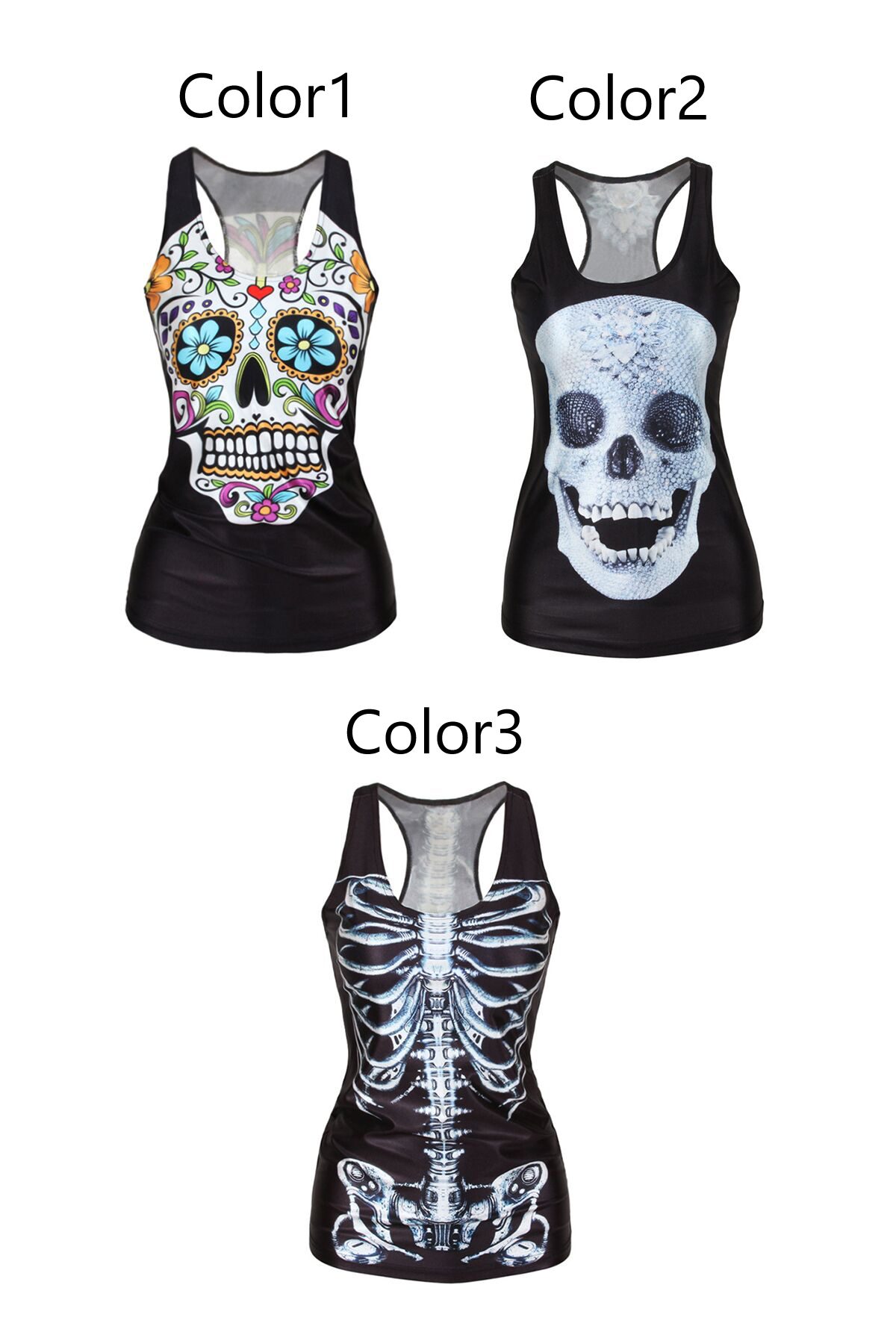 

Women's Fashion Skull Flower Death Top Sleeveless T-shirt, Black