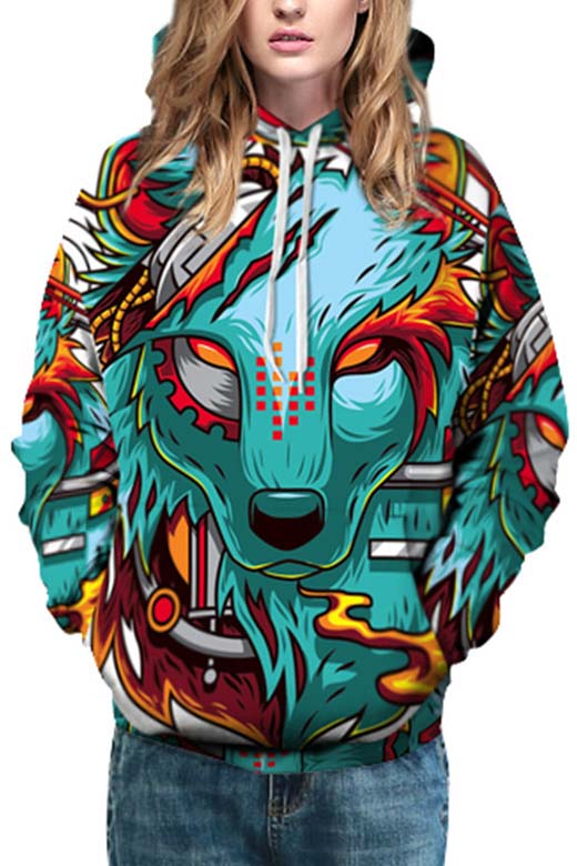 

Unisex Wolf Head 3D Print Hooded Long Sleeve Hoodie, Green