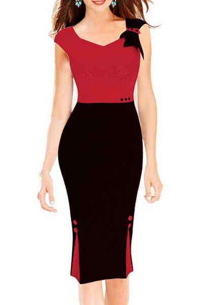 

Bow Sleeve Detail Round Neck Color Block Women's Pencil Midi Dress, Red