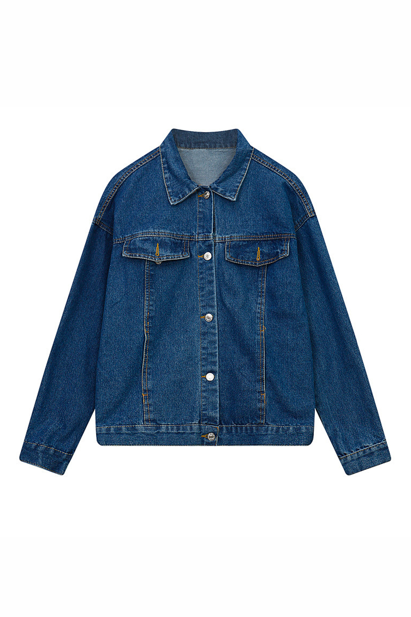 

Women's Appliqued Back Single Breasted Lapel Long Sleeve Denim Jacket, Blue