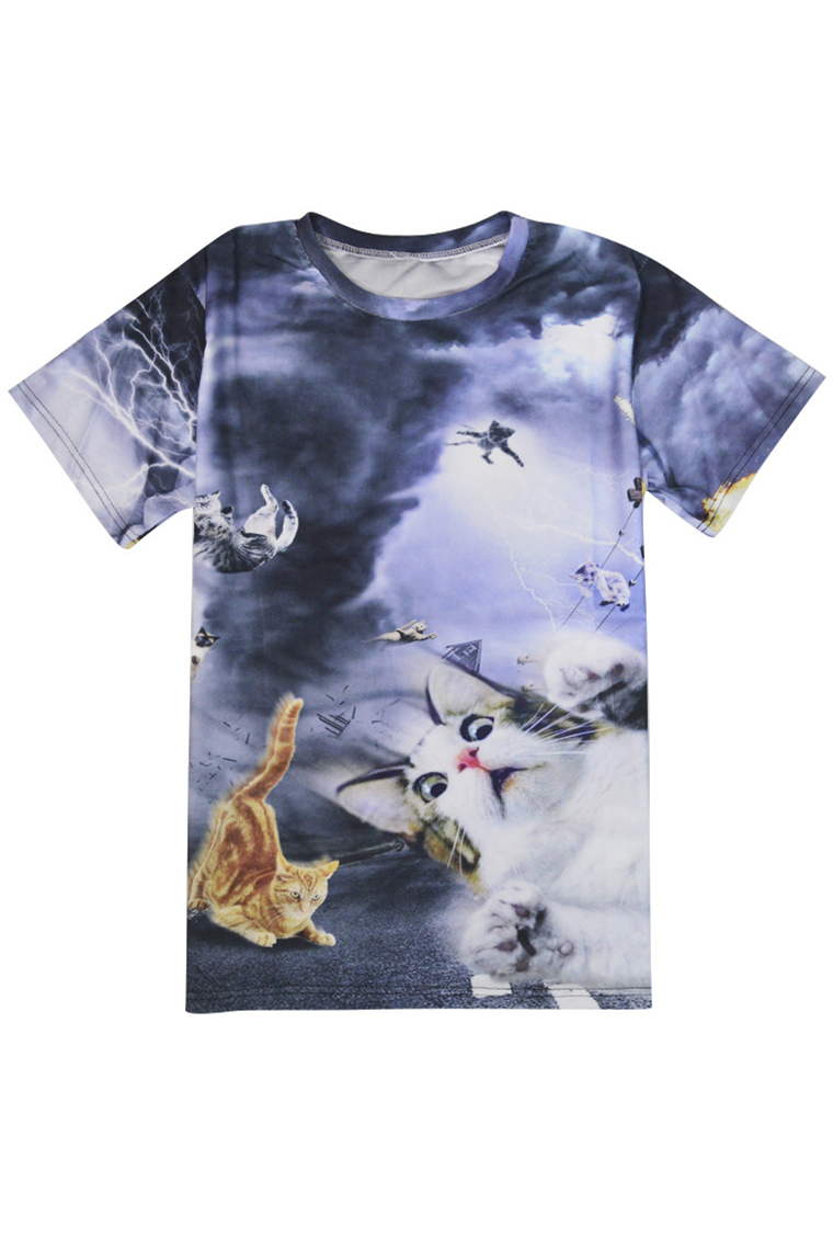 

Funny Cartoon Cat Printed Round Neck Short Sleeve Summer's Leisure Tee, Gray