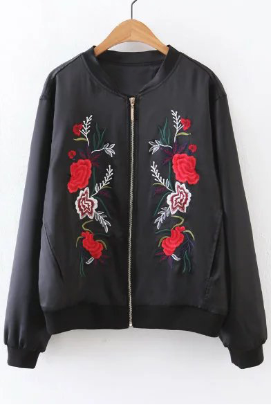 

Embroidery Floral Pattern Zipper Placket Stand-Up Collar Bomber Jacket, Black