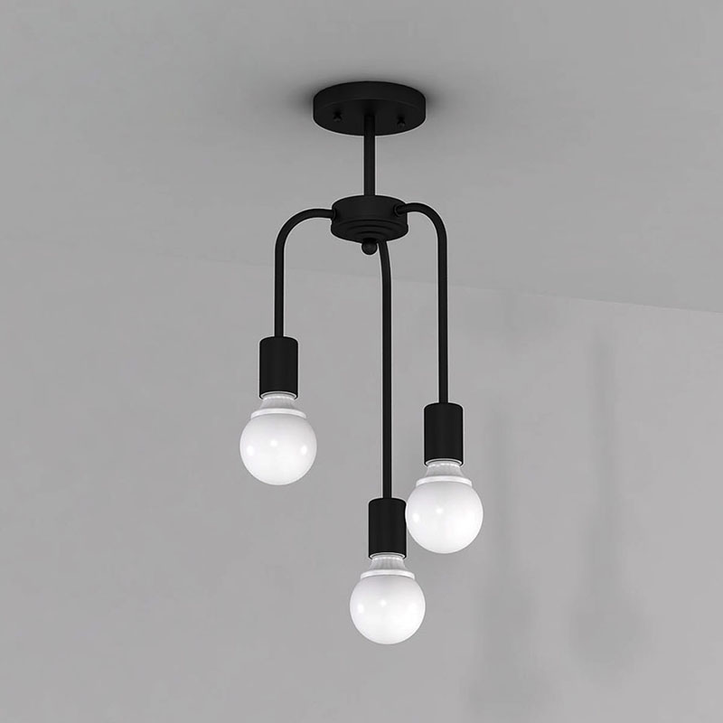 Industrial 3 Light Semi Flush Ceiling Light In Open Bulb Style Black