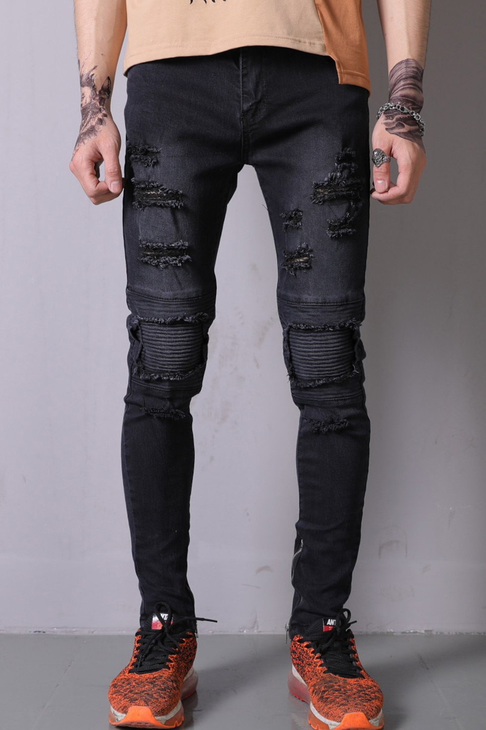 black distressed biker jeans