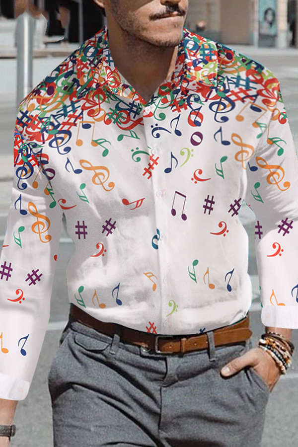 Men Musical Note Pattern Casual Slim O-Neck Long Sleeve Top Vintage Shirt Blouse 