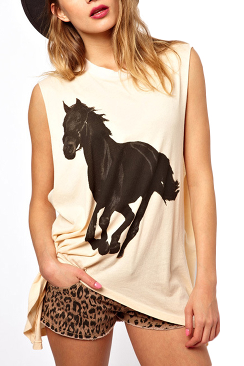 

Beige Round Neck Horse Print Round Neck Tank, White