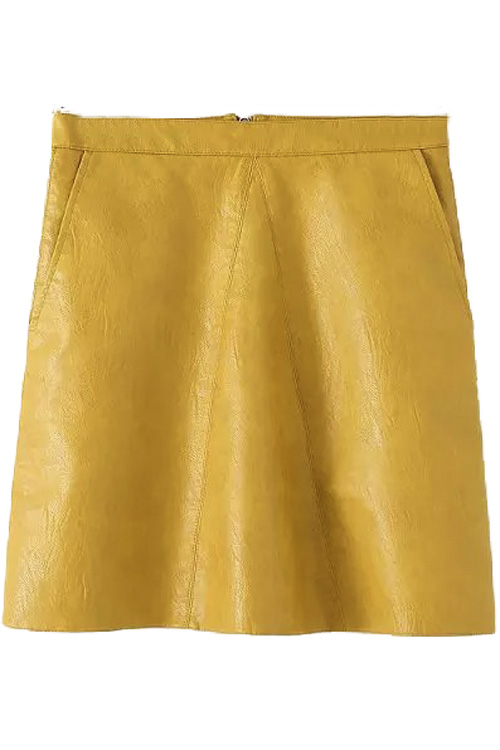 

Plain High Waist Zip Back A-Line Double Pockets PU Mini Skirt, Yellow