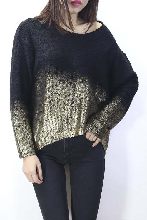 

Hot Females Knitted Bronzing Sweater Batwing Sleeve Gradient Loose, Gold