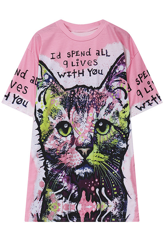 

Round Neck Letter Print Cute Cat Short Sleeve Loose Tee, Pink