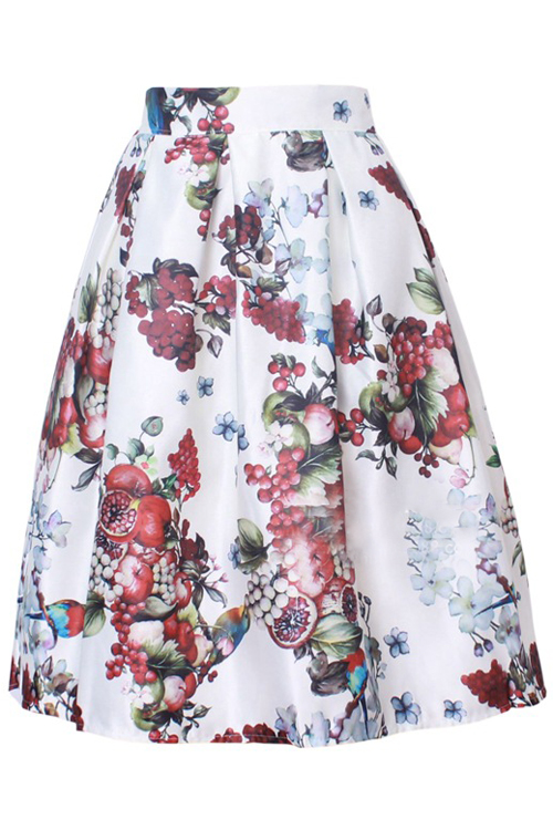 

Women's High Waist Print Floral Pleated Skirt Midi Skater Skirt One, White