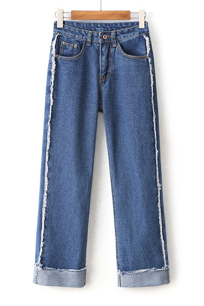 

Raw Edge Mid Waist Roll Up Cuff Wide Leg Denim Pants, Blue