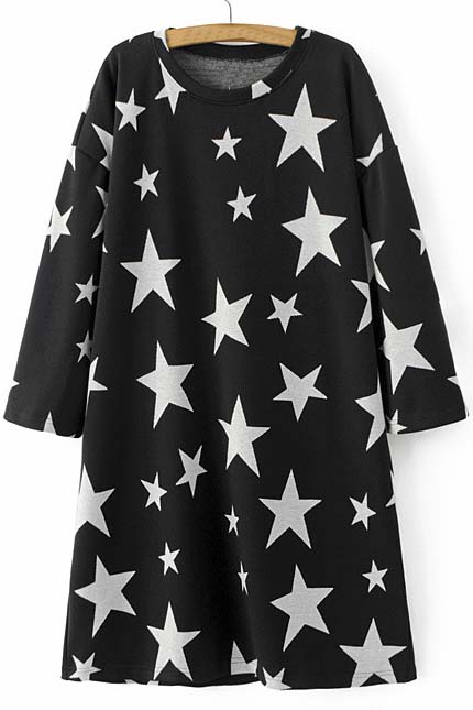 

Fashion Star Print Long Sleeve Round Neck Sweater Dress, Black