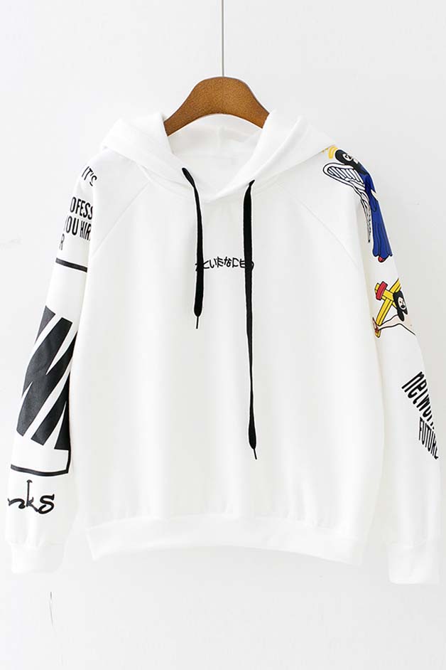 

Cartoon Print Long Sleeve Women's Loose Casual Drawstring Hoodie, White