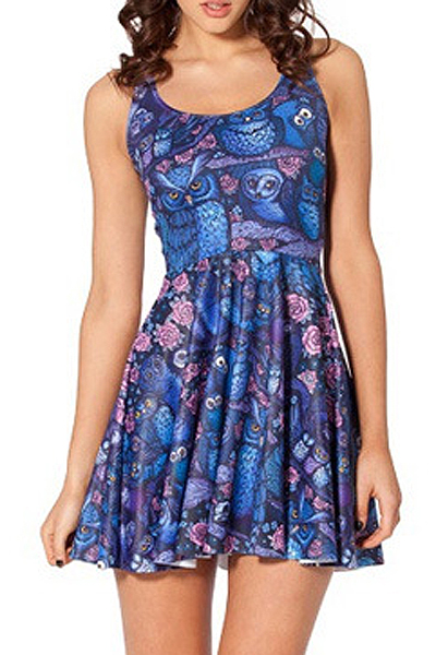 

Summer Pleated Print Owl Reversible Skater Dress, Blue