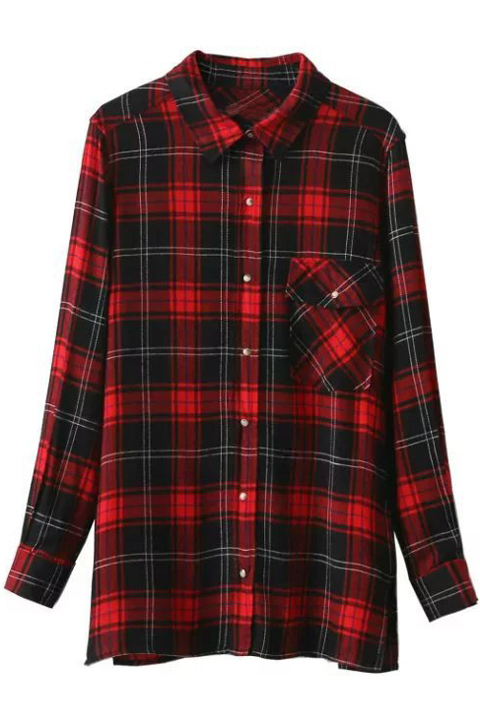 

Lapel Collar Long Sleeve Dragon Embroidery Back Buttons Down Plaid, Red