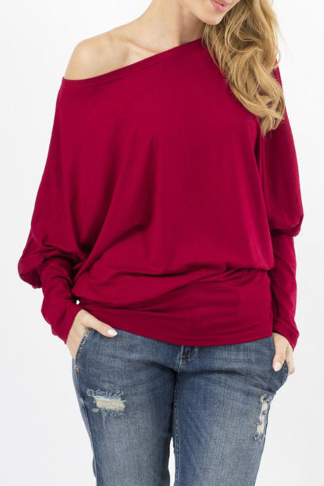 

Women Off the Shoulder Batwing Sleeve Loose Fit Pullover T Shirt Tunic, Red