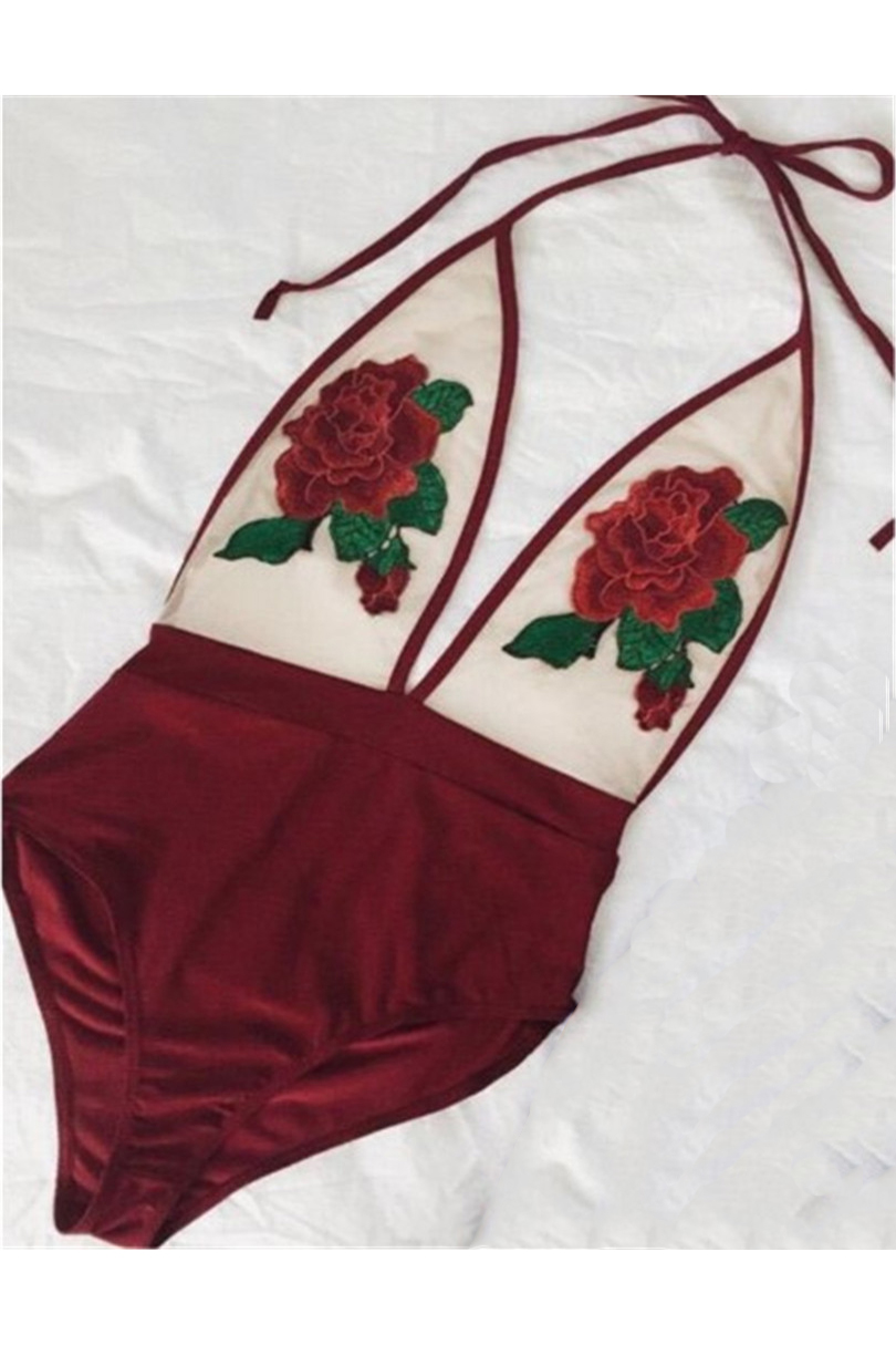 

Women's Embroidery Floral Pattern Halter Open Back One Pieces, Burgundy