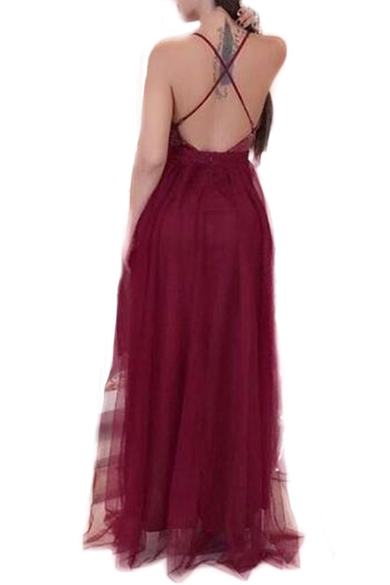 

Crisscross Back Sexy Plunge V-Neck Sleeveless Sequined Mesh Patchwork, Burgundy